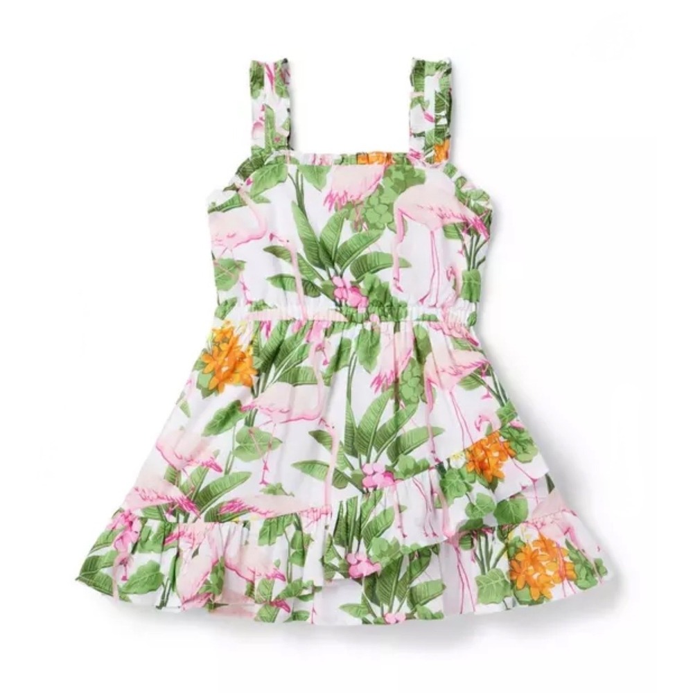 Janie and Jack‎ Girls Tropical Flamingo Palm Leaf Ruffle Sundress White Size 10